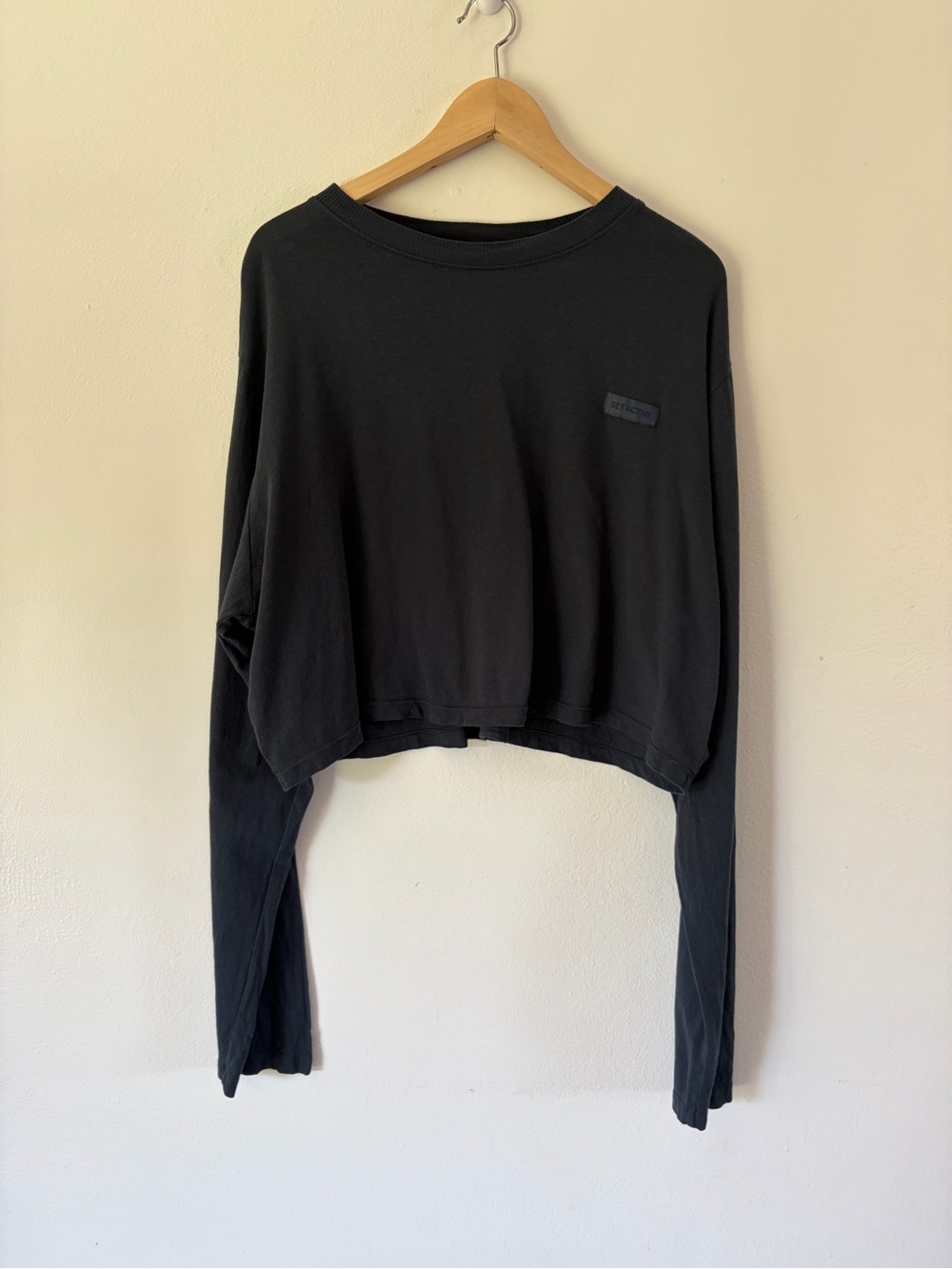 SET ACTIVE Dark Blue Oversized Cropped Long Sleeve Cotton Tee Size Large
